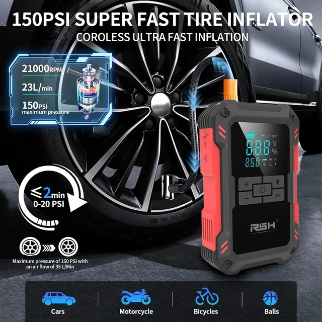 Alt view image 3 of 7 - RSH Jump Starter with Air Compressor 4000A Peak Car Battery Jump Starter 150PSI Inflator Auto Booster 15000mAh Jump Box (up to 10L Gas,8L Diesel Engine) with LED Light,Quick Charger USB-C