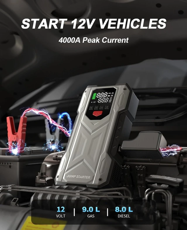 Alt view image 2 of 7 - 4000A Jump Starter with Air Compressor, Car Battery Charger for 12V Vehicles Up to 9.0 Gas&8.0L Diesel, 150PSI Auto-Shutoff Tire Inflator, Portable Battery Booster with Smart Jumper Cable, LED Lights