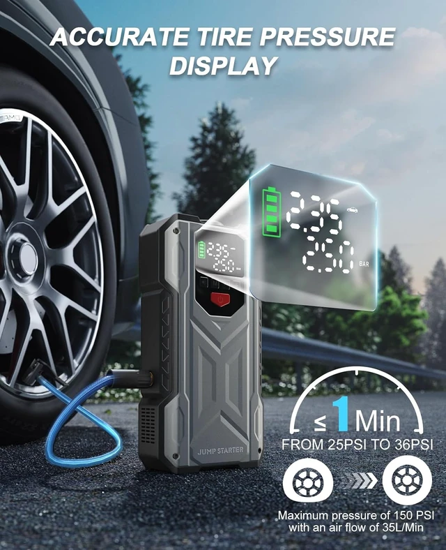 Alt view image 3 of 7 - 4000A Jump Starter with Air Compressor, Car Battery Charger for 12V Vehicles Up to 9.0 Gas&8.0L Diesel, 150PSI Auto-Shutoff Tire Inflator, Portable Battery Booster with Smart Jumper Cable, LED Lights