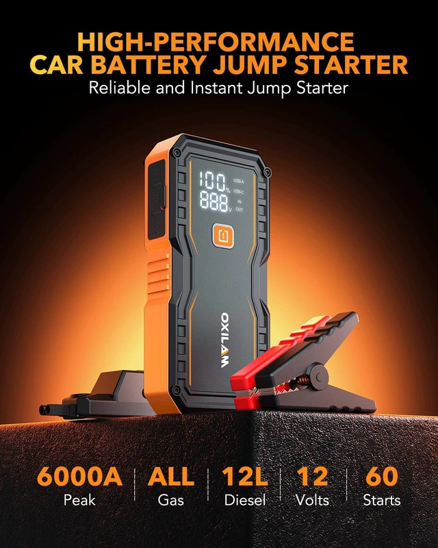Alt view image 4 of 7 - OXILAM Jump Starter 6000A for All Gas/12L Diesel, Car Battery Jumper Starter Portable, 12V Lithium Jump Box with Jumper Cables, LED Display, LED Light, Power Bank with USB, Type C Port