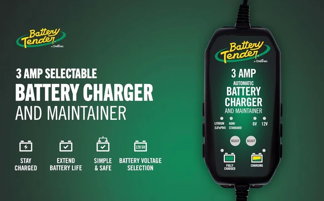 Alt view image 5 of 7 - Battery Tender 3 AMP Battery Charger and Maintainer - Automotive Switchable 12V or 6V Smart Automatic for Cars SUVs and Trucks - Lead Acid, AGM, Gel, & Lithium Battery Charger - 022-0202-COS