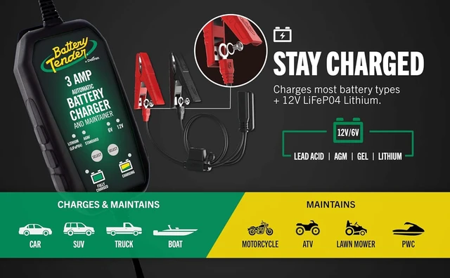 Alt view image 6 of 7 - Battery Tender 3 AMP Battery Charger and Maintainer - Automotive Switchable 12V or 6V Smart Automatic for Cars SUVs and Trucks - Lead Acid, AGM, Gel, & Lithium Battery Charger - 022-0202-COS