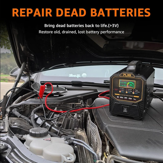 Alt view image 4 of 7 - PLXX 12V 24V 0-15A Automatic Car Battery Charger Heavy Duty, Smart Trickle Charger, Battery Repairer with Auto Shut-Off, for Car Truck Motorcycle Boat RV Lawn Mower AGM Gel Wet MF Deep Cycle
