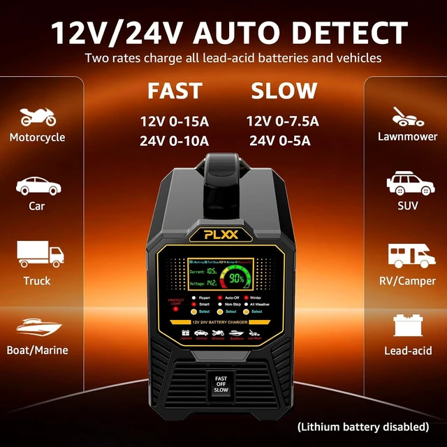 Alt view image 2 of 7 - PLXX 12V 24V 0-15A Automatic Car Battery Charger Heavy Duty, Smart Trickle Charger, Battery Repairer with Auto Shut-Off, for Car Truck Motorcycle Boat RV Lawn Mower AGM Gel Wet MF Deep Cycle