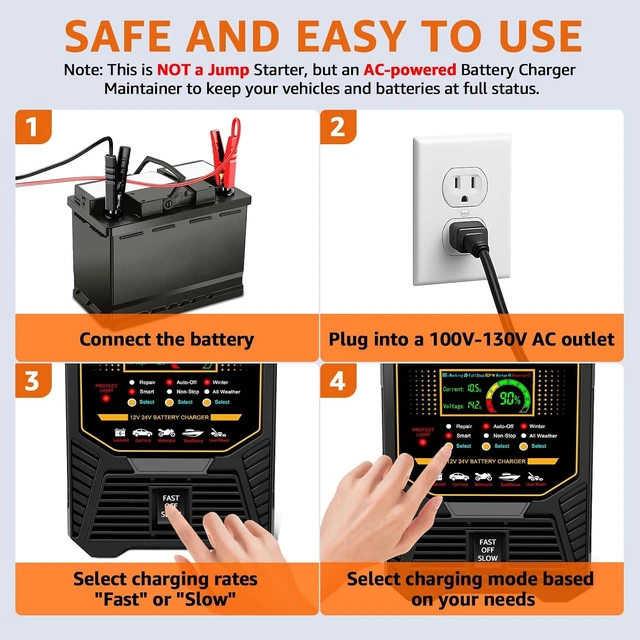 Alt view image 7 of 7 - PLXX 12V 24V 0-15A Automatic Car Battery Charger Heavy Duty, Smart Trickle Charger, Battery Repairer with Auto Shut-Off, for Car Truck Motorcycle Boat RV Lawn Mower AGM Gel Wet MF Deep Cycle