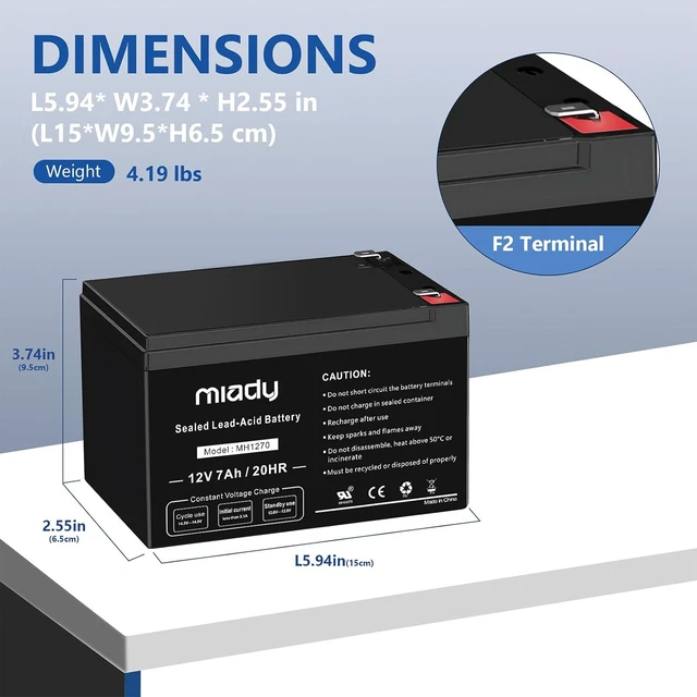 Alt view image 2 of 7 - Miady 12V 7Ah Rechargeable Sealed Lead Acid Battery (2 Pack)
