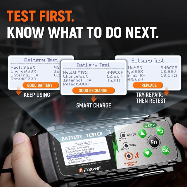 Alt view image 3 of 7 - FOXWELL BC521 2-in-1 Battery Charger & Tester, Test Before Charging 12V 5A