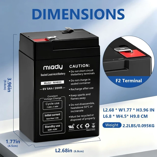 Alt view image 2 of 7 - Miady 6V 5Ah Rechargeable Sealed Lead Acid Battery (2 Pack)
