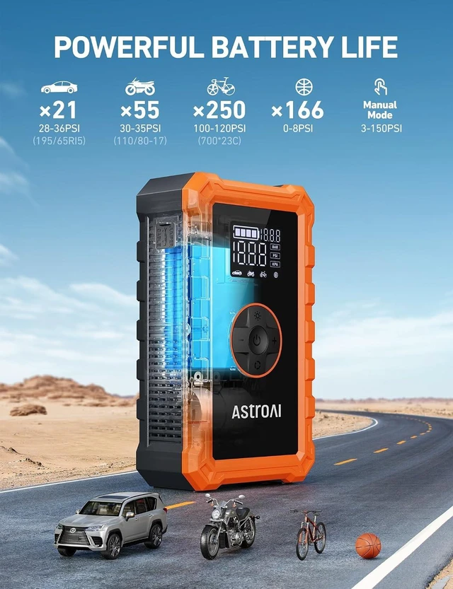 Alt view image 4 of 7 - AstroAI S8 Air 3000A Jump Starter with Air Compressor, 12V Jump Box