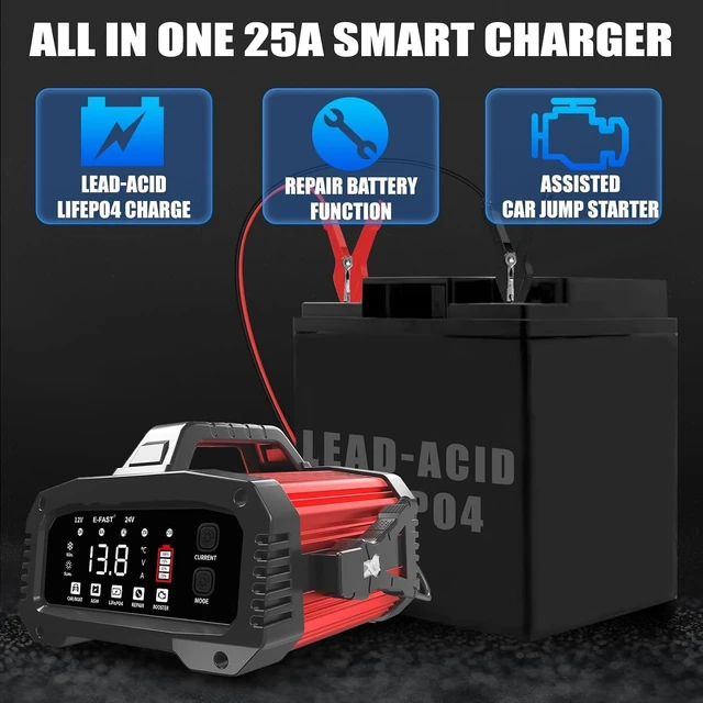 Alt view image 2 of 7 - E-FAST 25A Smart Car Battery Charger, 12V/24V Automatic Automotive Battery Maintainer & Desulfator with 200s Booster Mode - Adjustable Amp Trickle Charger for Lead-Acid, AGM, Gel, LiFePO4