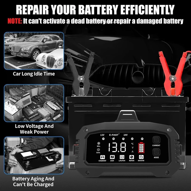 Alt view image 6 of 7 - E-FAST 25A Smart Car Battery Charger, 12V/24V Automatic Automotive Battery Maintainer & Desulfator with 200s Booster Mode - Adjustable Amp Trickle Charger for Lead-Acid, AGM, Gel, LiFePO4