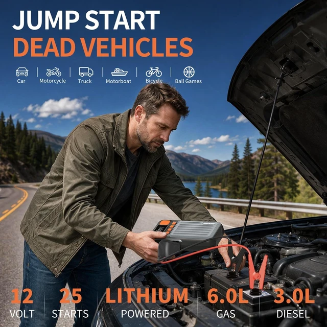 Alt view image 2 of 7 - 12V Car Battery Jump Starter with 160PSI Air Compressor, Jump Box