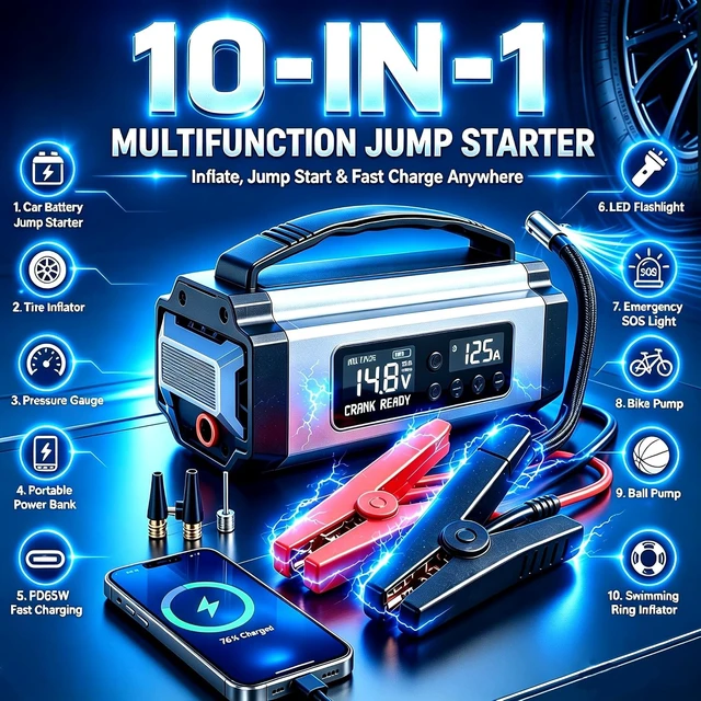 Alt view image 2 of 6 - Portable 10-in-1 Car Battery Jump Starter with 150PSI Air Compressor 65W Charger Premium Roadside Emergency Power Station Jump Box & Power Bank for Family Travel SUV Truck