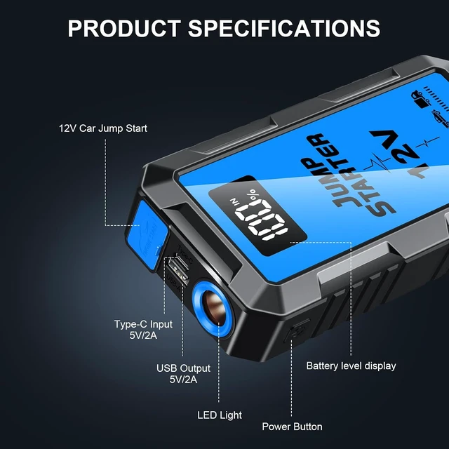 Alt view image 5 of 6 - 8000A Car Battery Jump Starter Box with Jumper Cables, 12V Car Jump Starter Portable (All Gas,up to 10.0L Diesel) Portable Lithium Jump Box Rechargeable, Reverse Polarity Protection