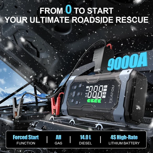 Alt view image 2 of 7 - High-Power 9000A Jump Starter with Air Compressor, 12V Car Battery Jump Starter, Portable Jump Box for Car(All Gas/14L Diesel) with Tire Inflator, PD 30W Fast Charge, Forced Boost Battery Jumper