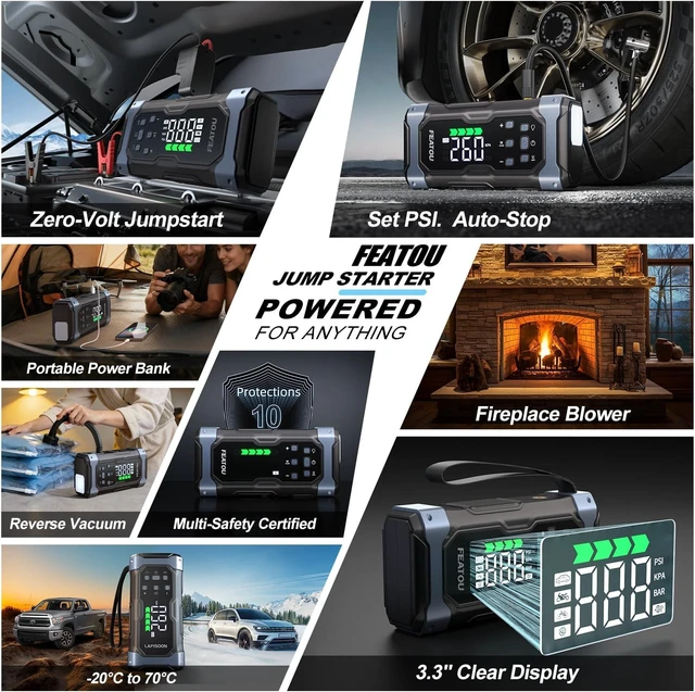 Alt view image 6 of 7 - High-Power 9000A Jump Starter with Air Compressor, 12V Car Battery Jump Starter, Portable Jump Box for Car(All Gas/14L Diesel) with Tire Inflator, PD 30W Fast Charge, Forced Boost Battery Jumper