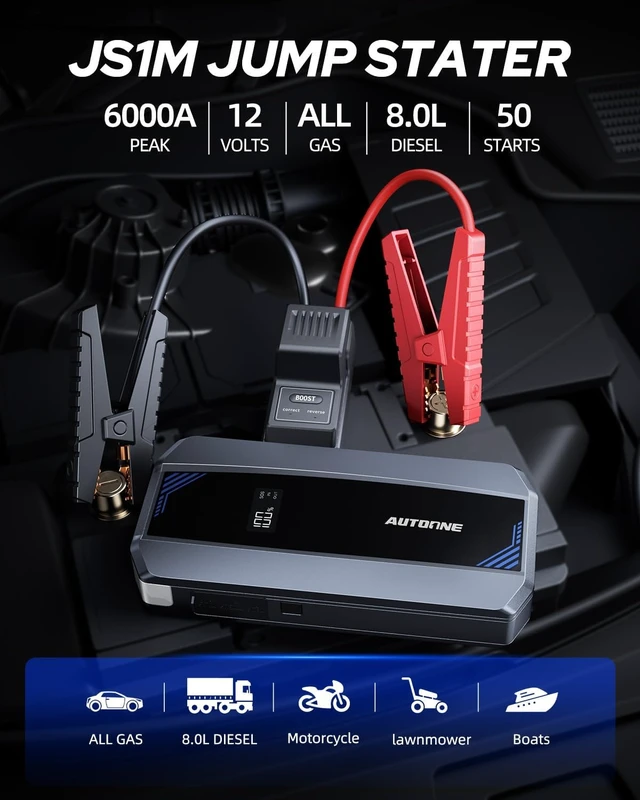 Alt view image 2 of 7 - AUTOONE Car Jump Starter 6000A Battery Booster, Portable Battery Pack for All Gas 10L Diesel, 12V Jump Box with Smart Jumper Cable for Car Battery, Vehicle Lithium Starter, LCD Display, w/LED Light