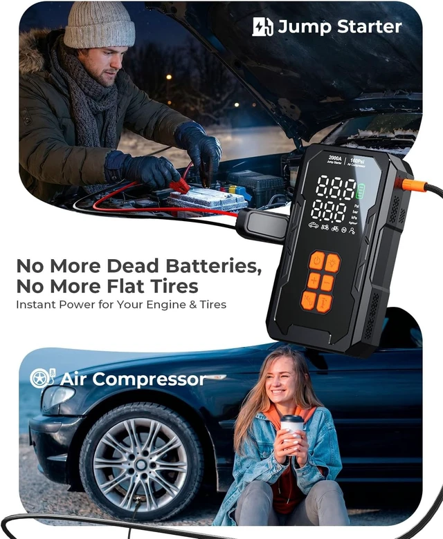 Alt view image 2 of 7 - Jump Starter with Air Compressor, 12V Car Battery Jumper Starter Portable for 8.0L Gas/6.0L Diesel, Car Battery Charger Jump Box with 160PSI Auto-Shutoff Tire Inflator and Storage Case, Black