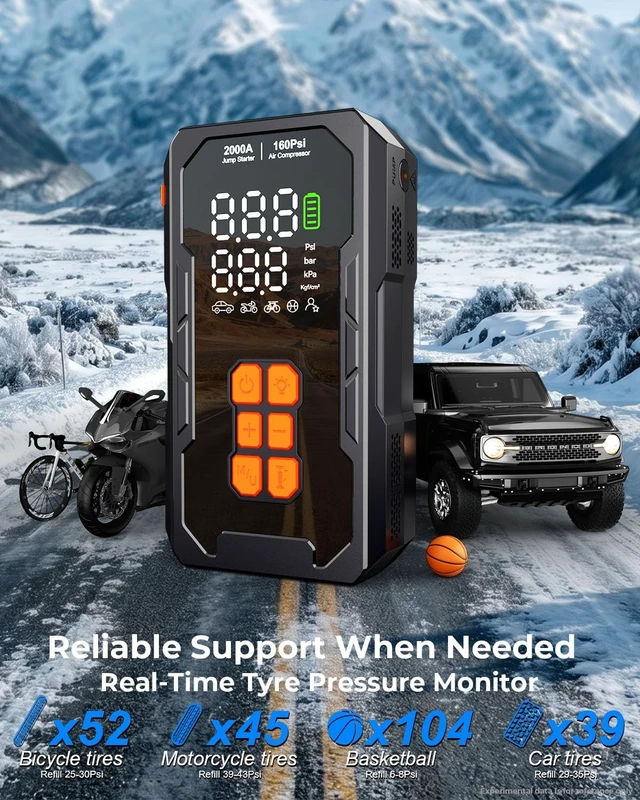 Alt view image 3 of 7 - Jump Starter with Air Compressor, 12V Car Battery Jumper Starter Portable for 8.0L Gas/6.0L Diesel, Car Battery Charger Jump Box with 160PSI Auto-Shutoff Tire Inflator and Storage Case, Black