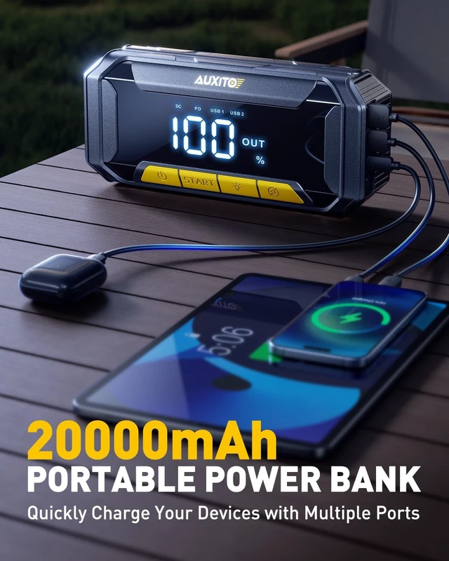 Alt view image 6 of 7 - AUXITO 8000A Portable Jump Starter for All Gas/12L Diesel, 20000mAh Car Battery Booster Jump Pack, Jump Box for Car with 60W Fast Charging, LCD Screen Display, 700LM LED Light