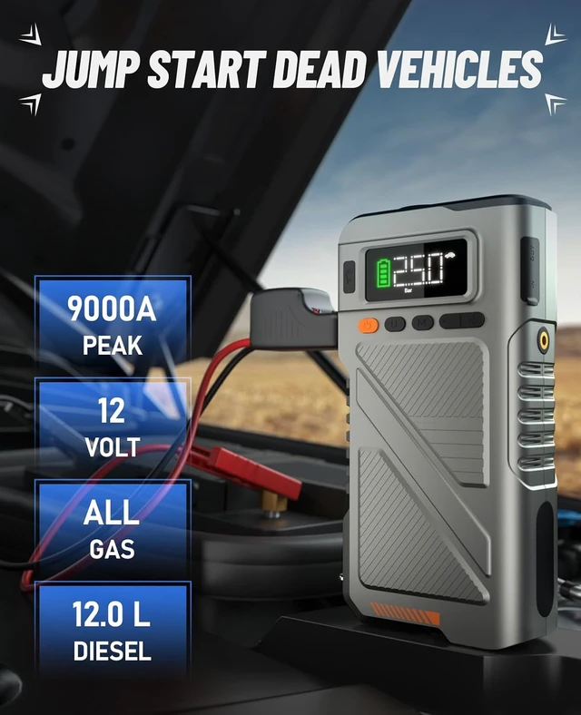 Alt view image 2 of 6 - 9000A Jump Starter with Air Compressor, Car Charger Portable Jump Box for Car with 150PSI Tire Inflator, Power Pack Jumpstart 12V Vehicle for All Gas/12L Diesel w/Extended Jumper Cable