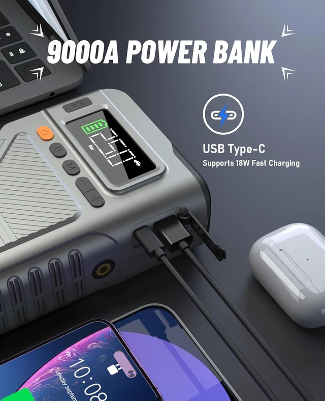 Alt view image 3 of 6 - 9000A Jump Starter with Air Compressor, Car Charger Portable Jump Box for Car with 150PSI Tire Inflator, Power Pack Jumpstart 12V Vehicle for All Gas/12L Diesel w/Extended Jumper Cable