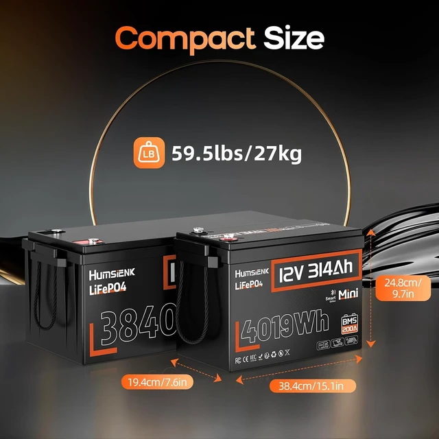 Alt view image 3 of 7 - HumsiENK 12V 300Ah (314Ah) LiFePO4 Lithium Battery with Bluetooth, 200A BMS