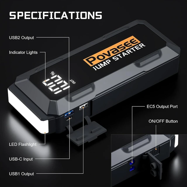 Alt view image 6 of 7 - Povasee 4000A Jump Starter 12V Battery Jumper Starter(10L Gas 10L Diesel Engine),Car Battery Jump Starter with 3" LCD Display, Dual Output/LED Light