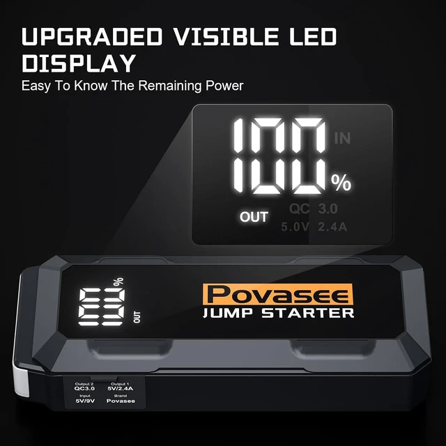 Alt view image 7 of 7 - Povasee 4000A Jump Starter 12V Battery Jumper Starter(10L Gas 10L Diesel Engine),Car Battery Jump Starter with 3" LCD Display, Dual Output/LED Light