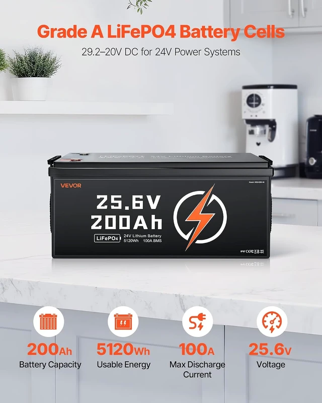 Alt view image 2 of 7 - VEVOR 24V 200Ah LiFePO4 Lithium Battery 4000+ Cycles Built-in 100A BMS