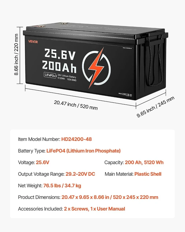 Alt view image 7 of 7 - VEVOR 24V 200Ah LiFePO4 Lithium Battery 4000+ Cycles Built-in 100A BMS