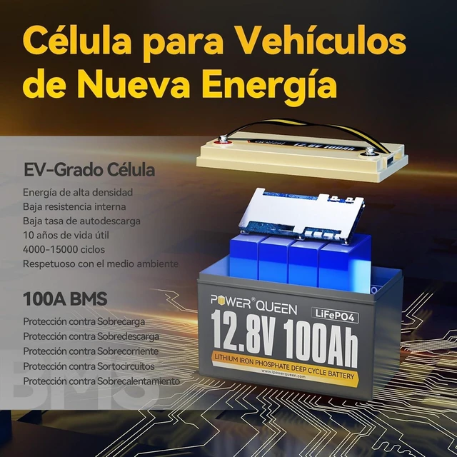 Alt view image 5 of 7 - Power Queen Batería Litio 12V 100Ah Batería LiFePO4 1280Wh con 100A BMS Batería Recargable Hasta 15000+ Ciclos Profundos Serie/Paralelo para Camper Barco RV Sistema Solar Autocaravanas Fotovoltaico