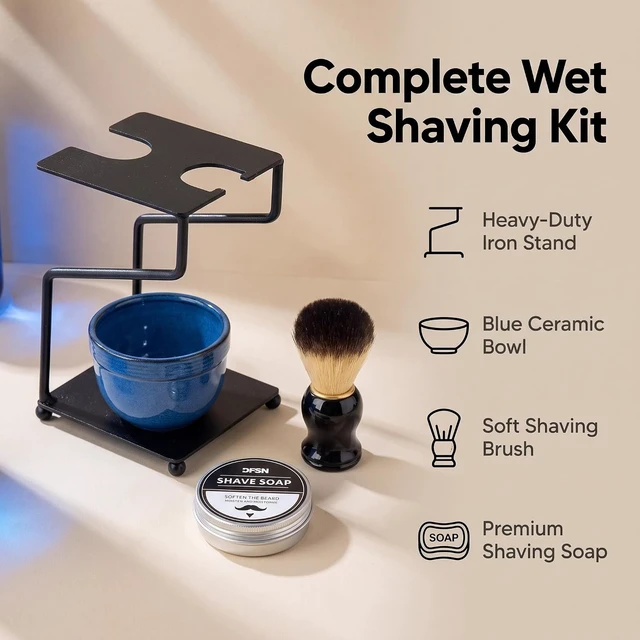 Alt view image 2 of 7 - Shaving Kit Razor Stand Set with Blue Ceramic Shaving Bowl Brush and Soap