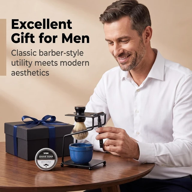 Alt view image 7 of 7 - Shaving Kit Razor Stand Set with Blue Ceramic Shaving Bowl Brush and Soap