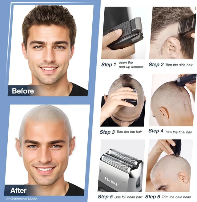 Alt view image 2 of 6 - PRITECH Double Foil Shaver for Bald Men, Pop-Up Trimmer, for Head & Face