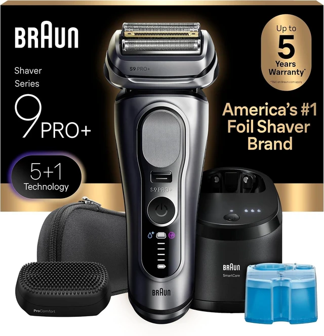 Main image of Braun Series 9 PRO+ Electric Shaver for Men, Wet & Dry Foil Razor, 6-in-1 SmartCare Clean & Charge Center, Built-in Precision ProTrimmer, ProComfort Attachment, Travel Case, Silver 9697cc