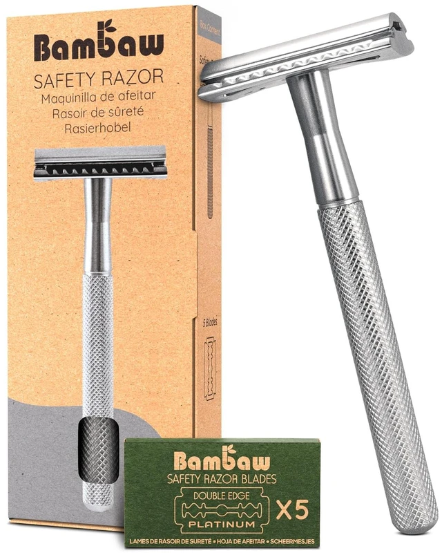 Main image of Bambaw Double Edge Safety Razor for Men & Women, Metal Razor with 5 Double Edge Safety Razor Blades, Eco-Friendly Razor Silver