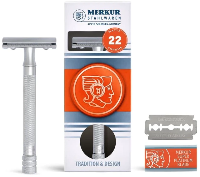 Main image of MERKUR 22C Double Edge Safety Razor - Matte Chrome | Long Knurled Brass Handle | Made in Germany | Plastic-Free | Three Piece Design | Closed Comb | Straight Bar