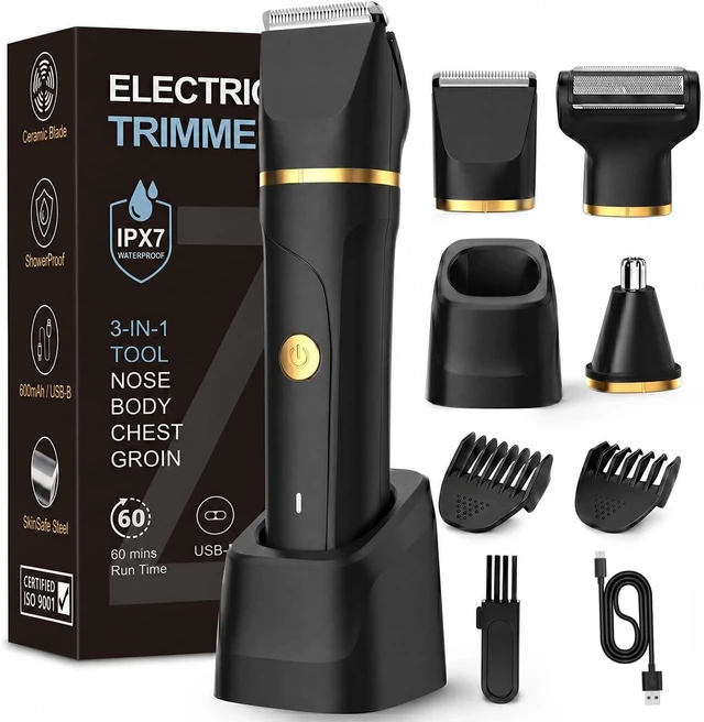 Main image of Beard Trimmer for Men,Manscape 3-in-1 Electric Razor Groin Groomer,IPX7 Waterproof Wet/Dry,Versatile Body Hair Trimmer for Ball/Beard/Nose,USB Rechargeable & Nose/Shaves Head,Glossy Black
