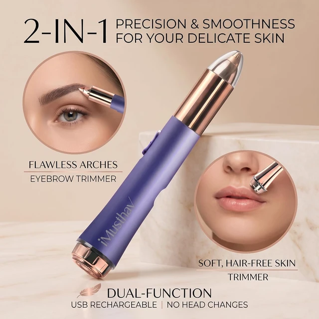 Alt view image 2 of 7 - Facial Hair Removal for Women, 2-in-1 Face Hair Remover & Eyebrow Trimmer, Painless Flawless Face Shaver with LED Light, Rechargeable Peach Fuzz Remover & Electric Eyebrow Razor for Women