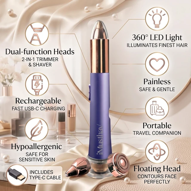 Alt view image 7 of 7 - Facial Hair Removal for Women, 2-in-1 Face Hair Remover & Eyebrow Trimmer, Painless Flawless Face Shaver with LED Light, Rechargeable Peach Fuzz Remover & Electric Eyebrow Razor for Women