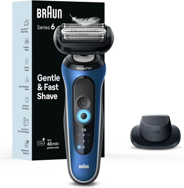 Main image of Braun Electric Shaver for Men, Series 6 6120s, Wet & Dry Shave, Turbo & Gentle Shaving Modes, with Precision Trimmer & Pouch, Blue