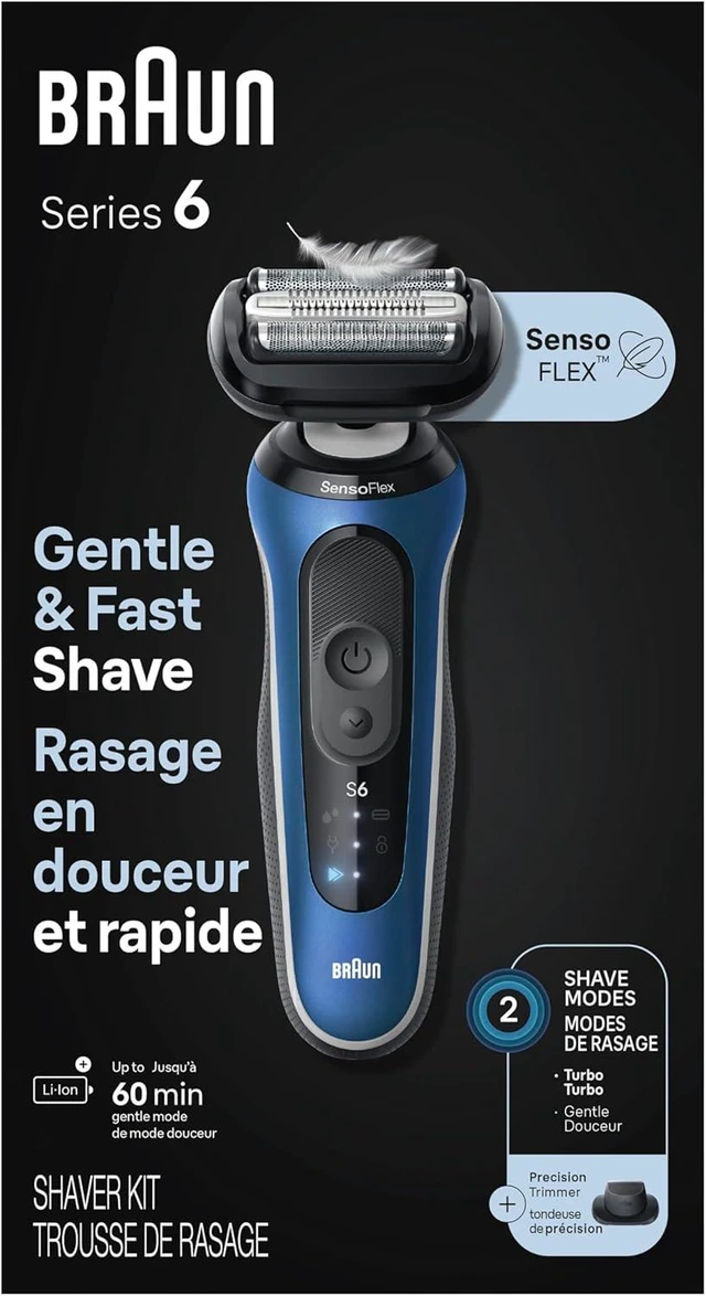Alt view image 7 of 7 - Braun Electric Shaver for Men, Series 6 6120s, Wet & Dry Shave, Turbo & Gentle Shaving Modes, with Precision Trimmer & Pouch, Blue