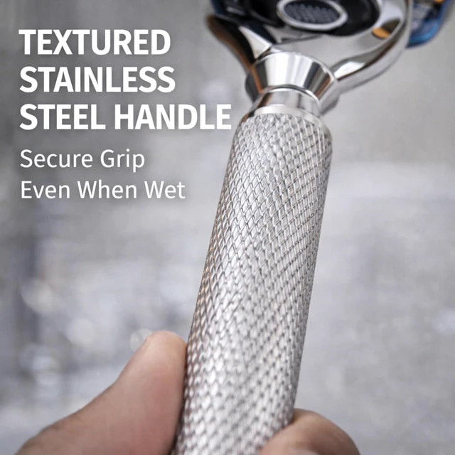 Alt view image 6 of 7 - Flex Ball Handle Shaving Razor All Chrome Long Handle Razor with Flex Pivot Technology & Diamond Knurled Grip for Mens Precision Shaving