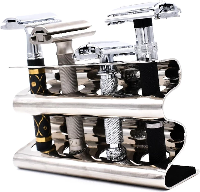 Main image of Parker Double Edge Razor Stand - Solid Brass with Mirror Chrome Finish -Holds 4 Razors - Parker Stand with Padded Base - Excellent Storage for Long Handled Double Edge Safety Razors