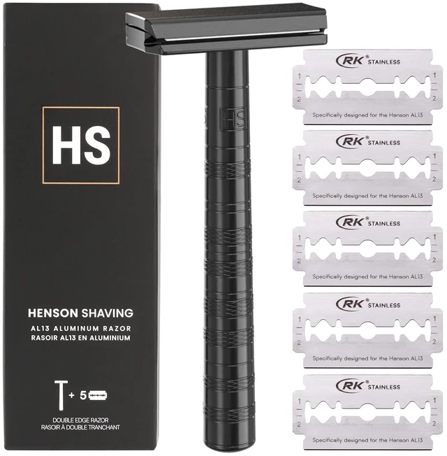 Main image of Henson Shaving Razor - Jet Black Double Edge Safety Razor with 5 Spare Blades - 30° Angled Precision With Superior Blade Rigidity- Reusable Single Blade Razors For Men and Women - Mild Aggression