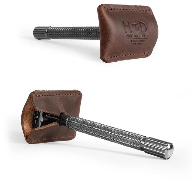 Main image of Hide & Drink, Leather Double Edge Safety Razor Head Protective Sheath, Shaving Travel Cover Handmade (Bourbon Brown)