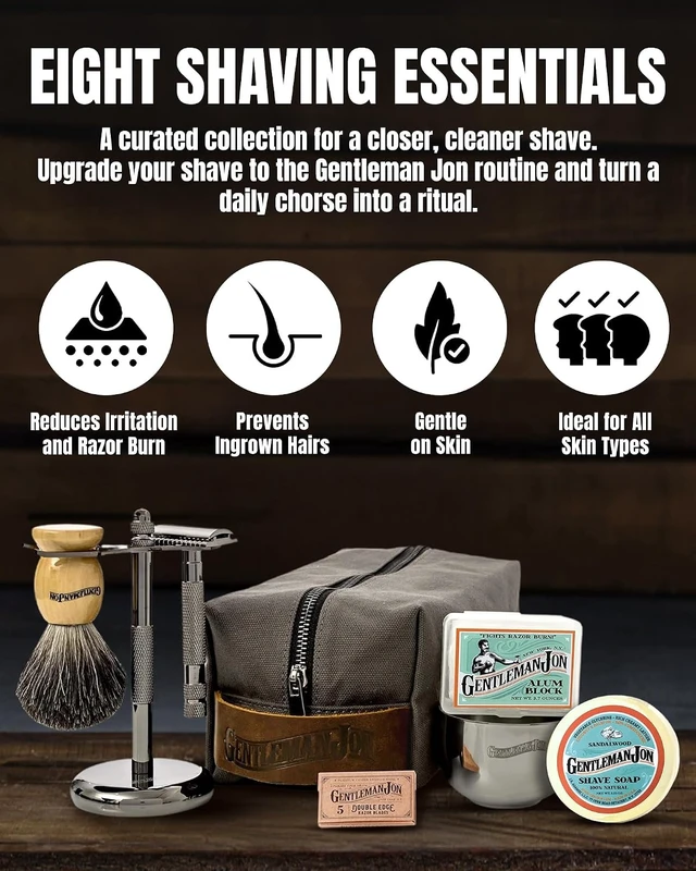Alt view image 2 of 7 - Gentleman Jon Deluxe Vintage Shaving Kit - 8pc Men's Safety Razor Gift Set