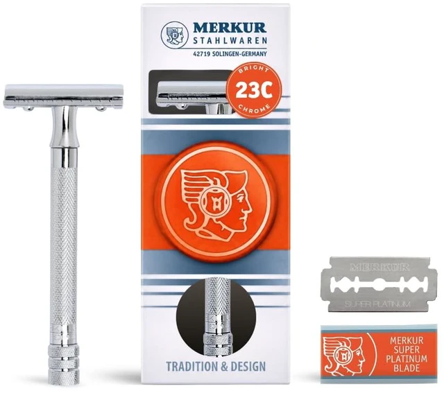 Main image of MERKUR 23C Double Edge Safety Razor - Polished Chrome, Long Knurled Brass Handle, Made in Germany, Plastic-Free, Three Piece Design, Closed Comb, Straight Bar