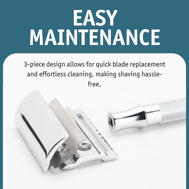Alt view image 7 of 7 - MERKUR 23C Double Edge Safety Razor - Polished Chrome, Long Knurled Brass Handle, Made in Germany, Plastic-Free, Three Piece Design, Closed Comb, Straight Bar